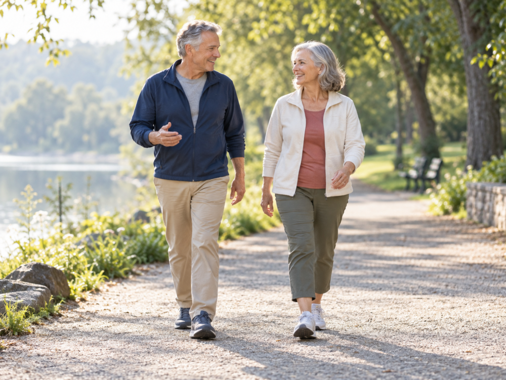 Two adults in their late 50s walking together on a level park path.