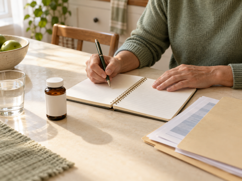 Hands writing appointment questions beside a folder, supplement bottle, and glass of water.