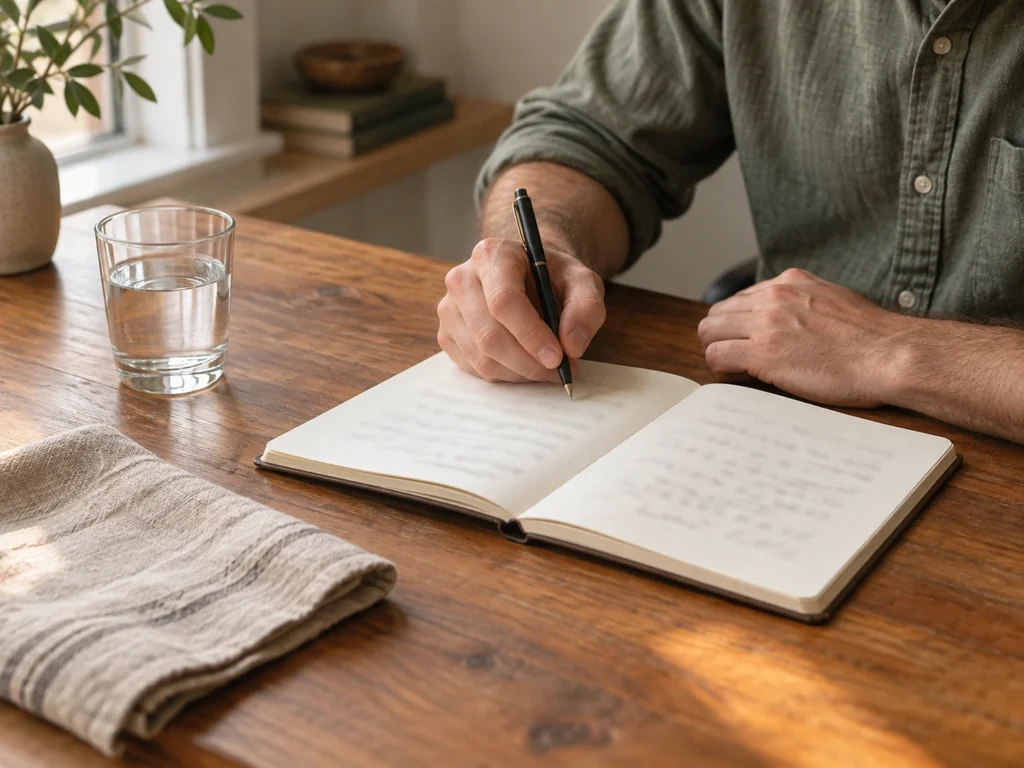 Adult's hands resting beside an open notebook and a glass of water on a wooden table.