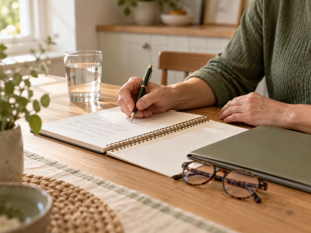 An adult writes in a notebook beside a closed folder and a glass of water at home.