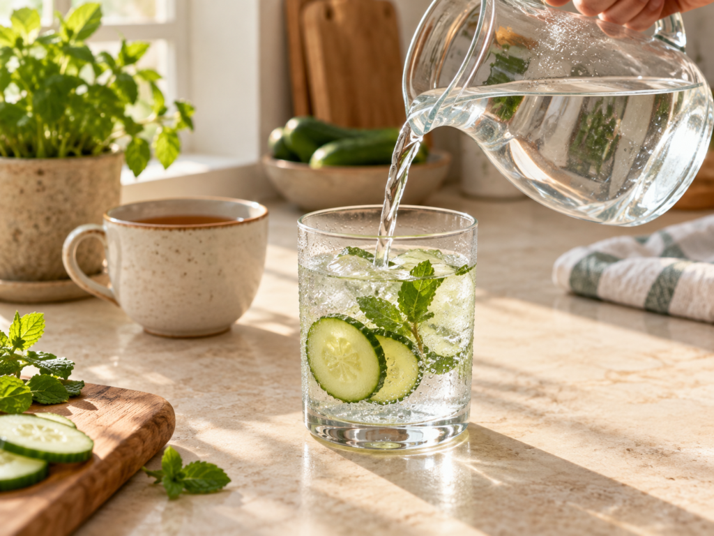 Water being poured into a glass with cucumber and mint beside a cup of tea.