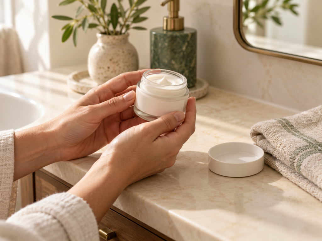 Hands hold a small unbranded cream jar beside a mirror and folded towel.