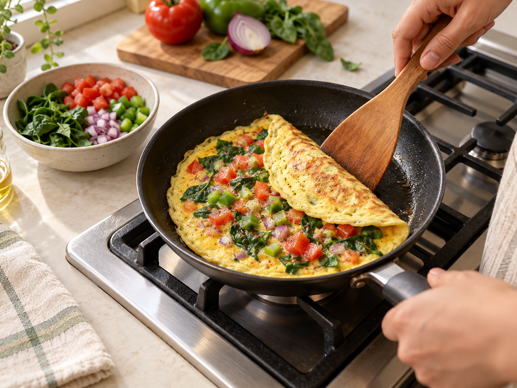A cook folding a spinach, tomato, onion, and capsicum omelet in a skillet.