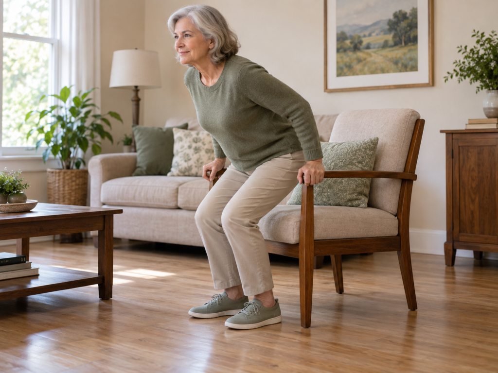 An adult rising from a sturdy chair with both feet planted and hands on the armrests.