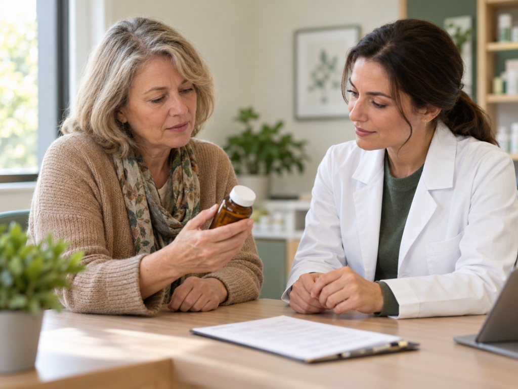 An adult and pharmacist reviewing an unbranded supplement bottle during a consultation.