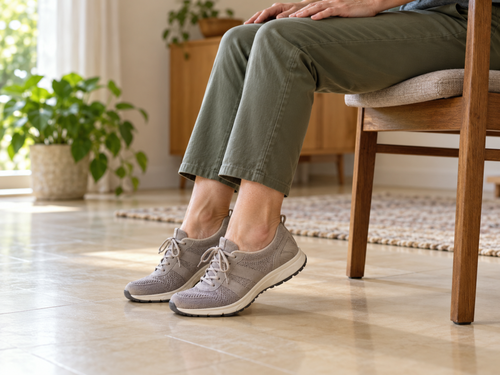 A seated adult gently raising both heels while keeping the fronts of the feet on the floor.