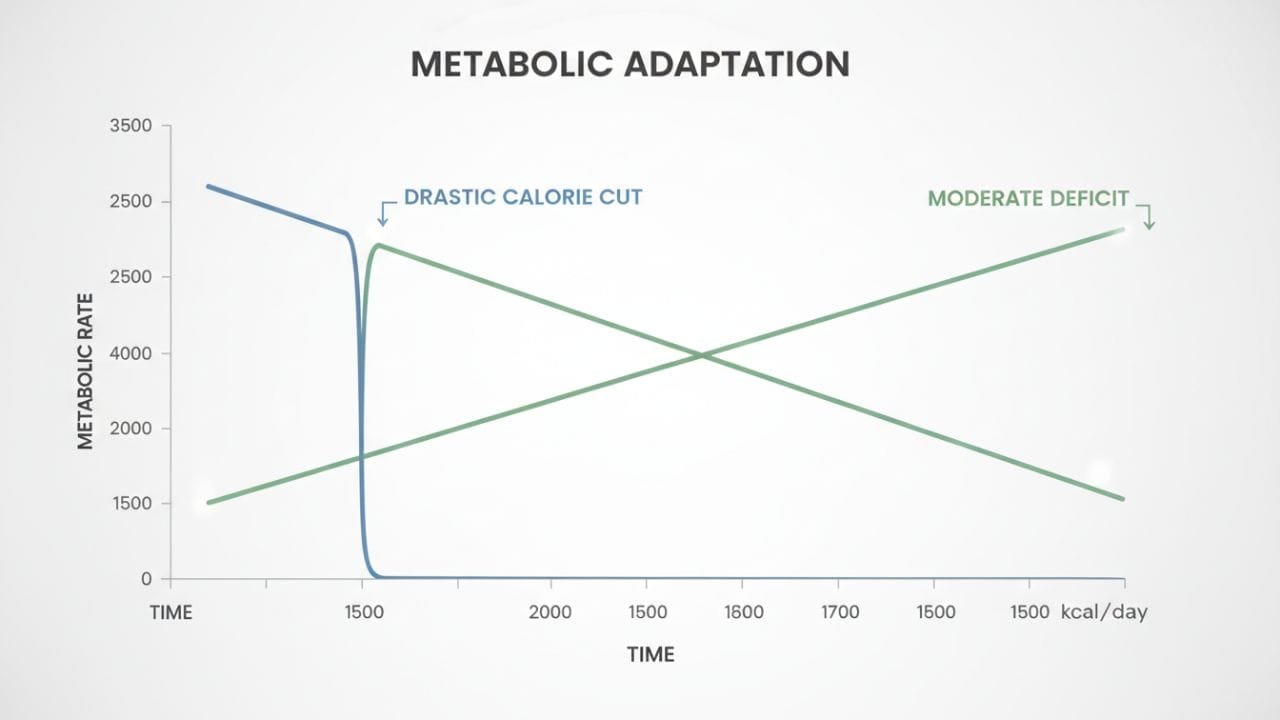 A line graph showing "Metabolic Adaptation." The X-axis represents time, and the Y-axis represents metabolic rate. The line shows a sharp drop when calories are cut too drastically, plateauing at a low level, versus a steady line for moderate deficits.