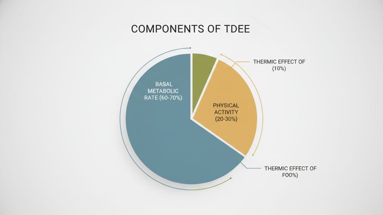 A detailed pie chart infographic titled 'Components of TDEE' showing three distinct sections: Basal Metabolic Rate (60-70%), Physical Activity (20-30%), and Thermic Effect of Food (10%)