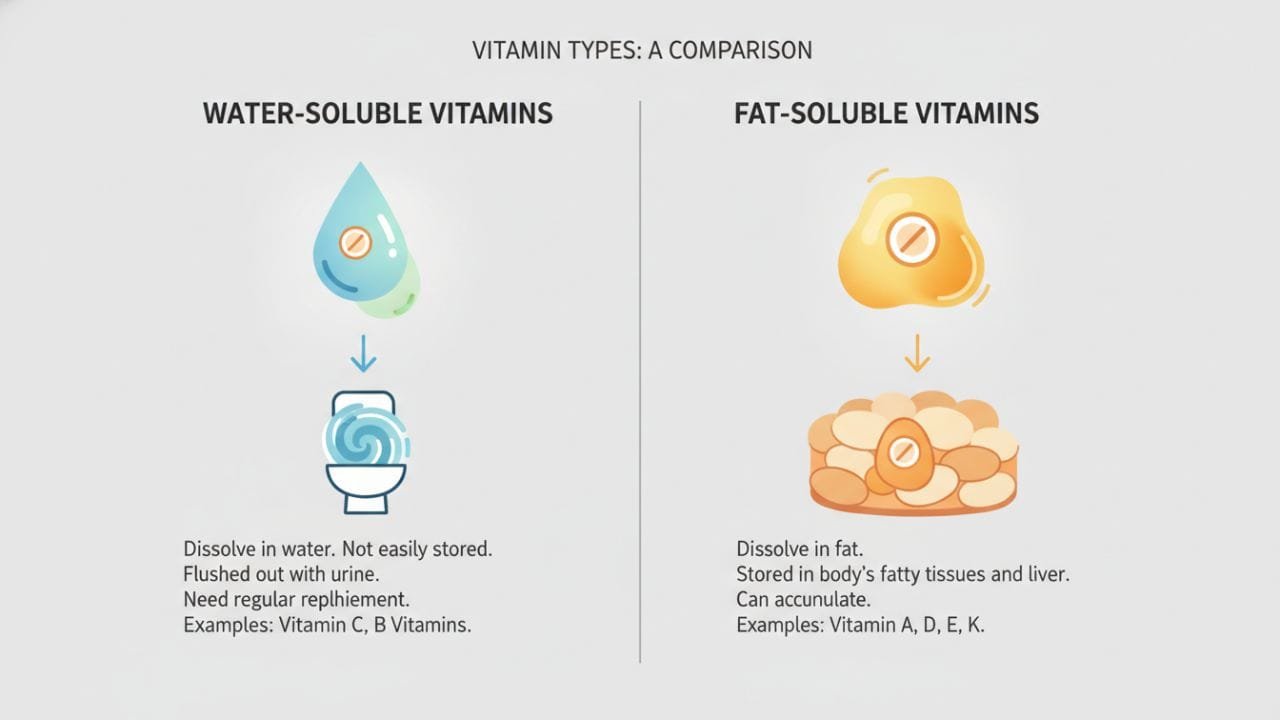 A split-screen infographic comparing water-soluble vitamins (dissolving in water, flushing out) versus fat-soluble vitamins (stored in adipose tissue, sticking around).