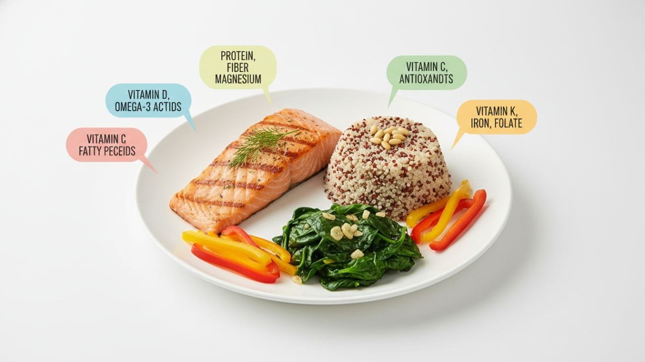 balanced meal containing salmon, quinoa, spinach, and bell peppers, labeled with floating text bubbles indicating the vitamins
