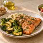 Fatty liver after 50 ,Baked salmon with vegetables and brown rice beside a cucumber salad and walnuts.