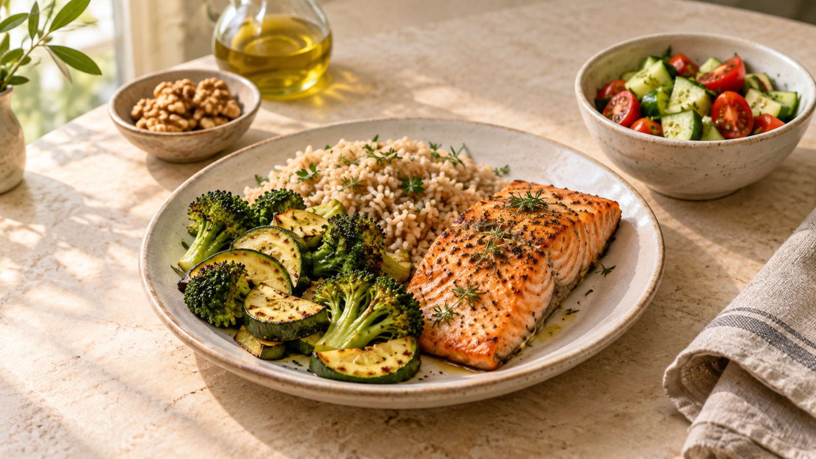 Fatty liver after 50 ,Baked salmon with vegetables and brown rice beside a cucumber salad and walnuts.
