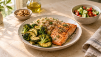 Fatty liver after 50 ,Baked salmon with vegetables and brown rice beside a cucumber salad and walnuts.
