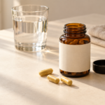 Does berberine work? Unbranded amber supplement bottle and yellow-powder capsules beside a glass of water.