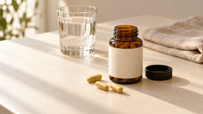 Does berberine work? Unbranded amber supplement bottle and yellow-powder capsules beside a glass of water.