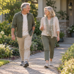 Two adults walking comfortably along a level garden path near a home. Blood Sugar