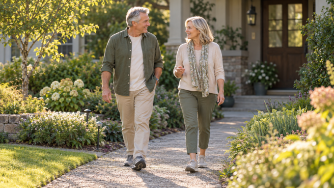 Two adults walking comfortably along a level garden path near a home. Blood Sugar