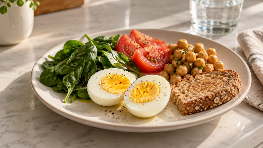 Hard-boiled egg with spinach, tomato, chickpeas, and whole-grain toast.