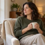 Adult sitting beside a living-room window with a ceramic cup and a thoughtful expression.