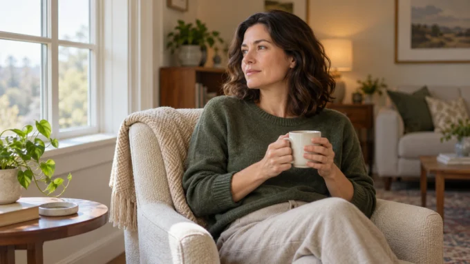 Adult sitting beside a living-room window with a ceramic cup and a thoughtful expression.